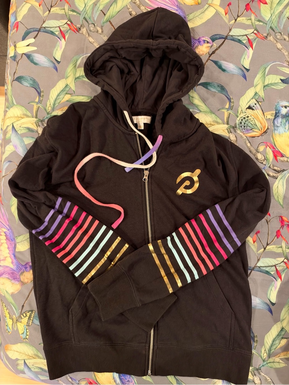 Peloton Spiritual Gangster Women’s Black Zip Hoodie with Rainbow Striped Sleeves